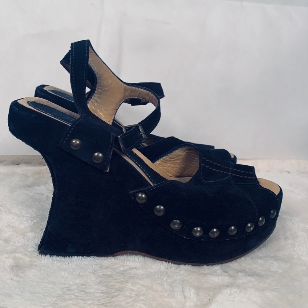 Marni blue suede platform wedges studded